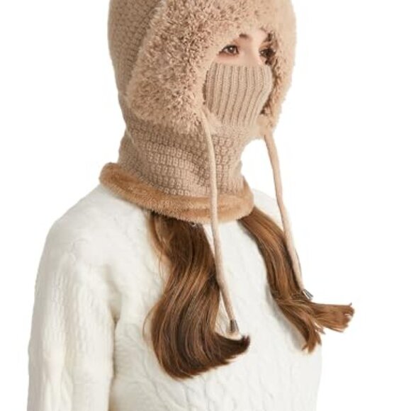Fleece Lined Balaclava Knit Hat Scarf Mask One-Piece Winter Warm Cap main image 4